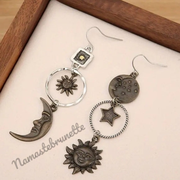 Metal Boho Celestial Sun Moon Star Dangle Earrings - Picture 5 of 17